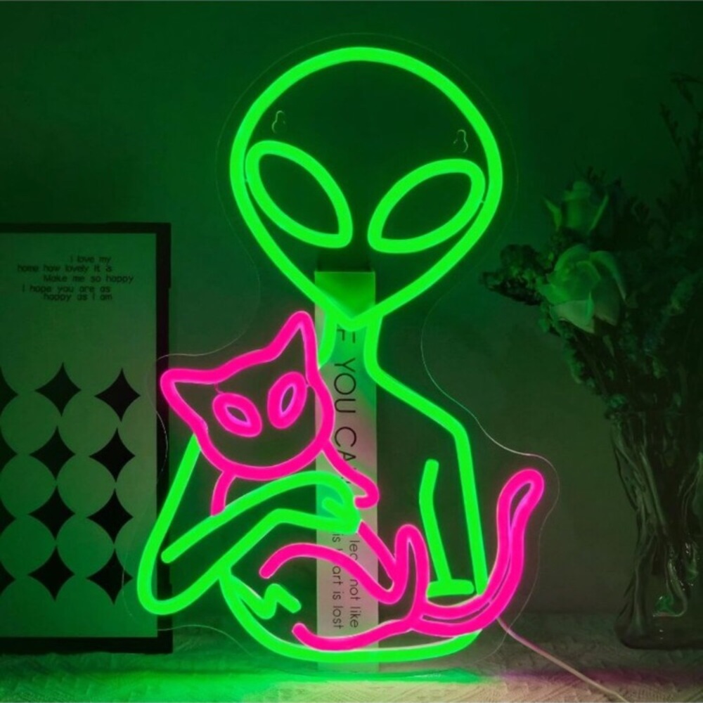 Alien Cat Neon Sign Acrylic Green Pink Dimmable LED Light Astronomy&Space Theme